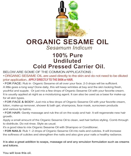 Organic Sesame Seed Oil 100% Pure Cold Pressed - 4 Fl Oz