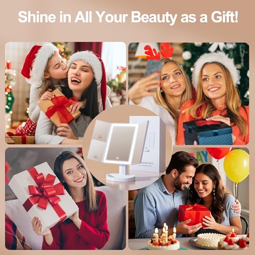 S'bagno White 11.3" x 6.8" LED Makeup Mirror with Lights, 1X/2X/5X Magnification, Dimmable 3-Color Modes, 270° Rotation