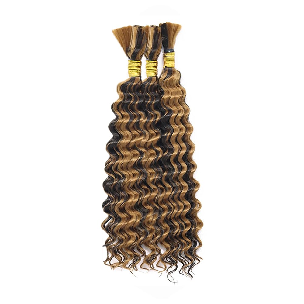 28 28 28 Inch P4/27 Blonde Human Braiding Hair for Boho Braids 150g Deep Curly Bulk Human Hair Knotless Boho Braiding Deep Wave Virgin No Weft Extensions Bohemian Braids 3 Bundles/Pack Caramel