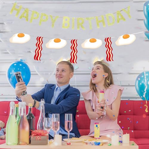 KUNGOON Bacon & Eggs Happy Birthday Banner Set for Brunch Parties