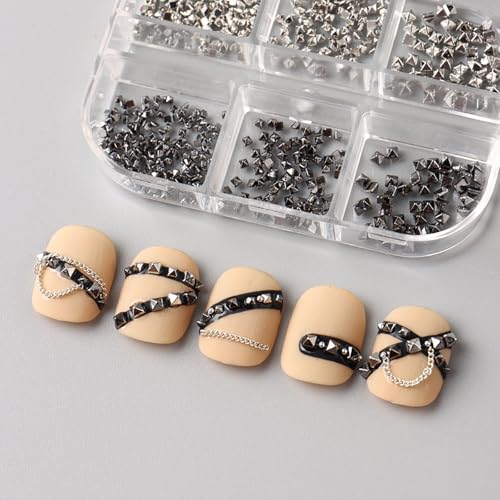 Square Spike Nail Charms Set - Black & Silver 3D Mini Studs with Pickup Pen & Tweezers (Variation: Square Spike - Silver&Black) HYWWPFLAY