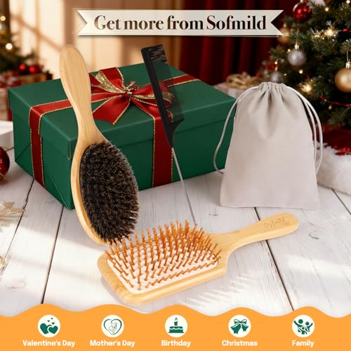 Sofmild Hair Brush Set with Bamboo Detangler & Boar Bristle - Black & White