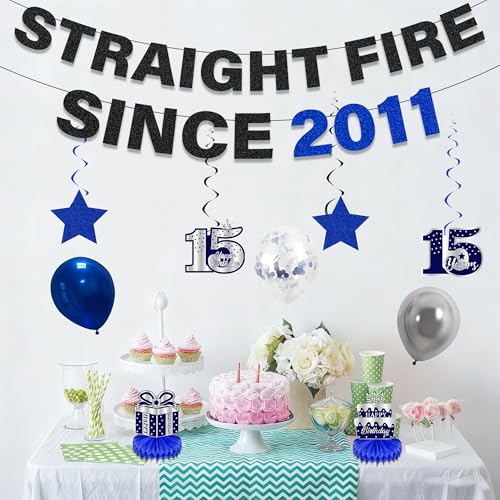 15th Birthday Decoration Set - 11 Pcs Blue & Black Balloons, Banners, and Honeycomb