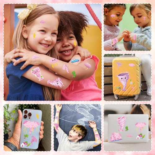 Pink Tornado Temporary Tattoos for Kids - 6 Sheets, Waterproof & Safe Party Favors