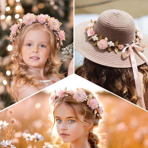 Hot Pink Bohemian Flower Crown Headband with Gold Leaves - Adjustable