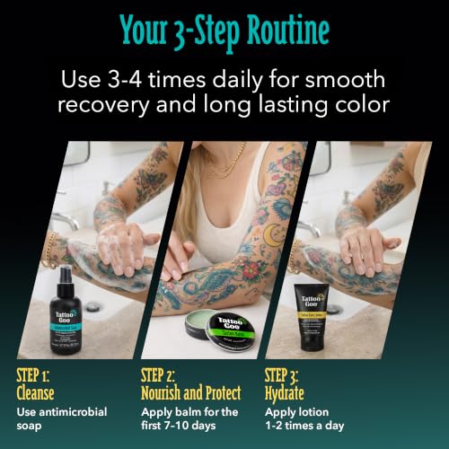 Tattoo Goo 3-Piece Tattoo Aftercare Kit: Antimicrobial Soap, Balm & Lotion