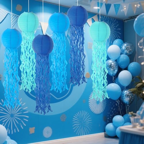Set of 6 Blue Jellyfish Paper Lanterns for Ocean Parties