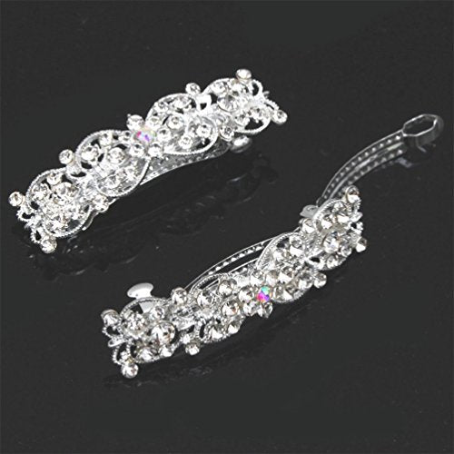 LUXXII 2 Pack Silver Rhinestone Hair Barrettes for Bridal & Special Occasions