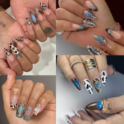 20Pcs Western Nail Charms Retro Metal Turquoise Art Rhinestones 3D