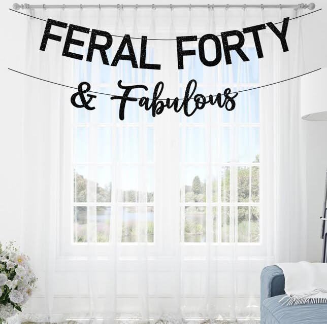 Feral Forty & Fabulous Birthday Banner - Black Glitter Party Decor