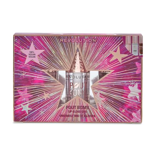 Revolution Pout Bomb Plumping Lip Gloss Set with Hyaluronic Acid & Peptides - Vegan, Cruelty-Free, 3 Full-Size Shades