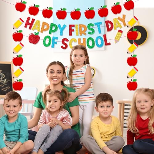Happy First Day of School Banner Decorations with Glitter Garland