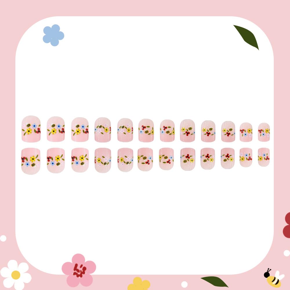 Spring Flowers Press on Nails Short Square Fake Nails with Colorful Flower | Bee Designs Acrylic False Nails Glossy Nude Glue on Nail Reusable Press ons Stick on Nails for Women Manicure 24Pcs