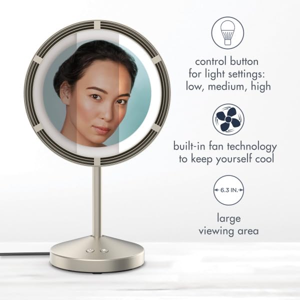 Conair LED Makeup Mirror - Lighted Vanity Mirror with Fan & Spot Magnification | 6.3-Inch Brushed Satin Nickel Finish