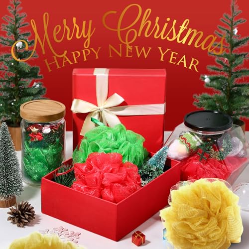 FuWeave Christmas Bath Loofah Sponge Set - 12 Pcs Red, Green, Gold Exfoliating Shower Sponges
