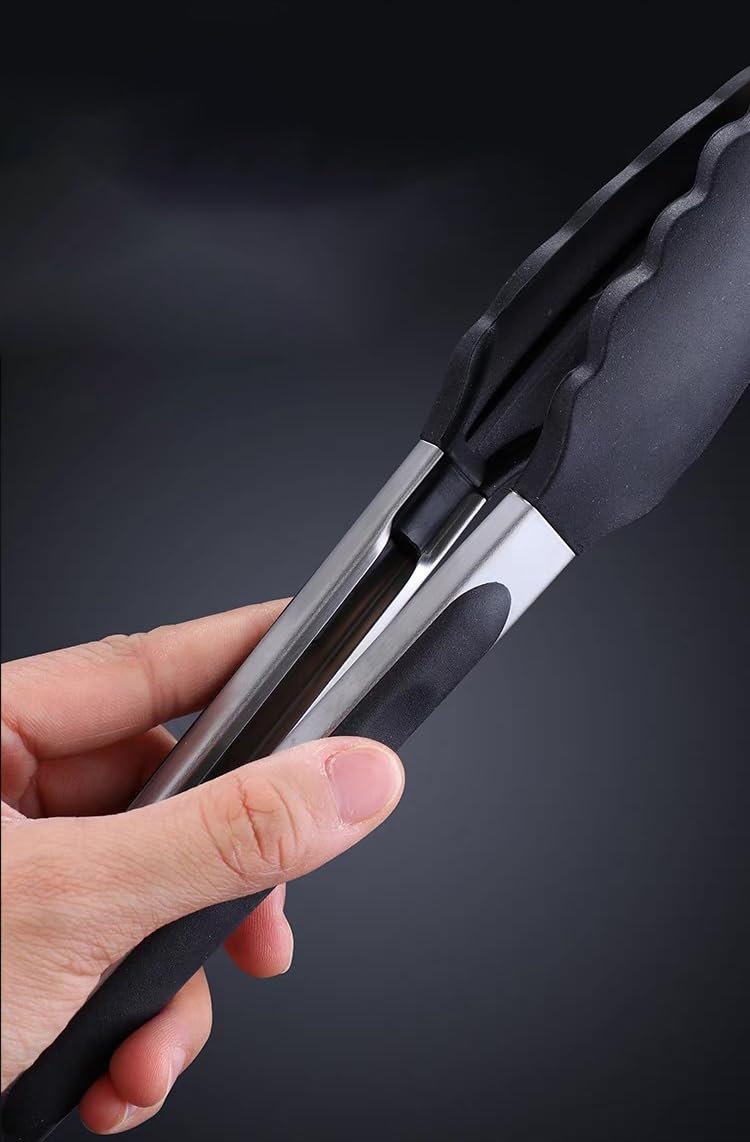 1 Pack Black Stainless Steel Kitchen Tongs with Silicone Tips, Heavy Duty Metal Tongs for Cooking, Grilling, Food, Salad, Heat Resistant, BPA Free, 9-Inch, Dishwasher Safe