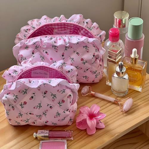 Pink Quilted Rose Makeup Bag Set of 2 - Travel Cosmetic Organizer for Women & Teens