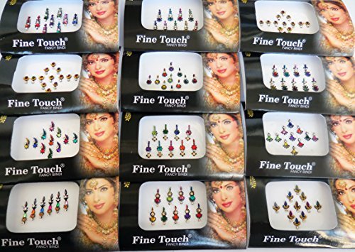 Fine Touch 6 Packs Multicolored Long & Small Face Jewels Forehead Tika - Mix & Match