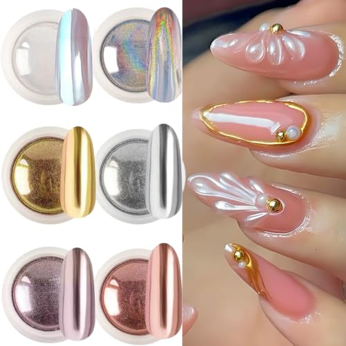 6-Color Chrome Nail Powder Set - Metallic Holographic Pigments