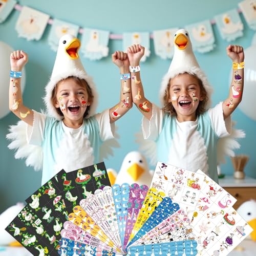 BOIKOKY Silly Goose Party Favors Set – 72 Temporary Tattoos & 24 Slap Bracelets, Kids Birthday Party Supplies, Classroom Rewards, Silly Celebration Decorations
