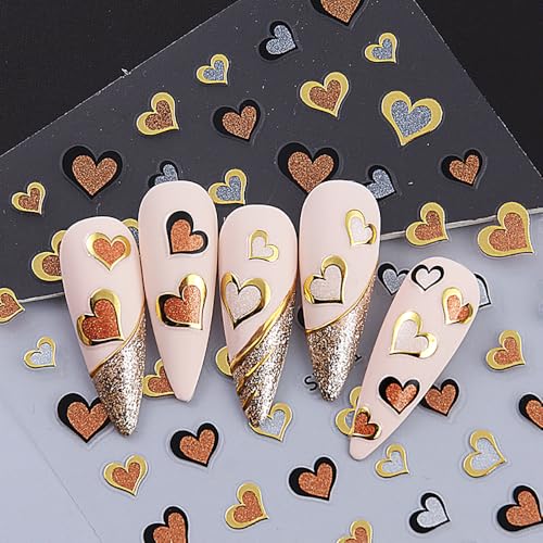 TANYOOTO Lovely Heart Valentines Nail Art Stickers - Gold & Sparkly Pink Decals