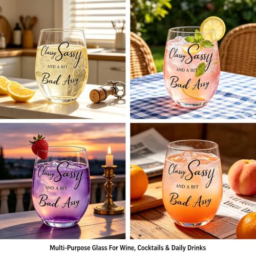 Funny Stemless Wine Glass - Classy Sassy Gift for Women