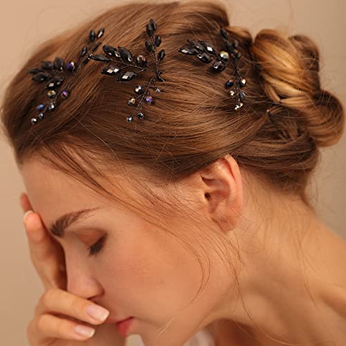 Black Rhinestone Hair Pins for Women - Wedding Crystal Accessories (3pcs)