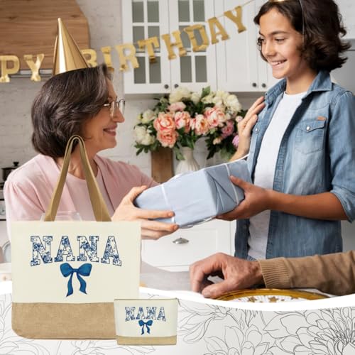 Reusable Blue Floral Tote Bag & Makeup Bag for Grandma - Travel & Shopping Gift