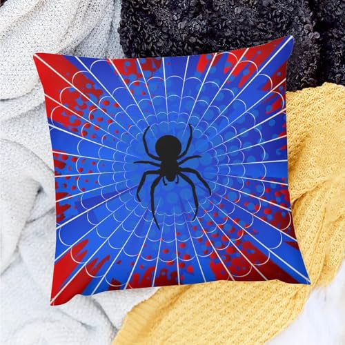 Spider Web Throw Pillow Cover - 18x18 Inch Blue & Red Design