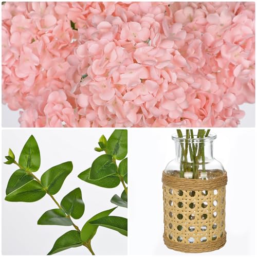 Pink Hydrangea Artificial Flowers in Woven Glass Vase - 12.5" Centerpiece