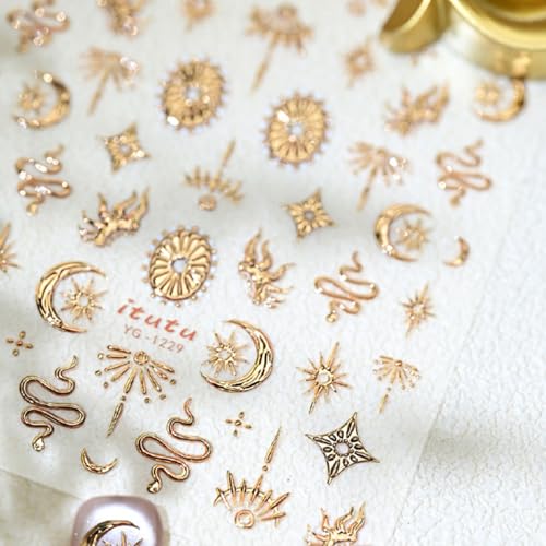 Gold 5D Nail Art Stickers - Star & Moon Design Self-Adhesive Decals