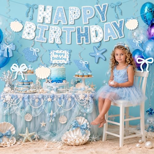 Coastal Seashell Birthday Party Decorations with Banner & Swirls