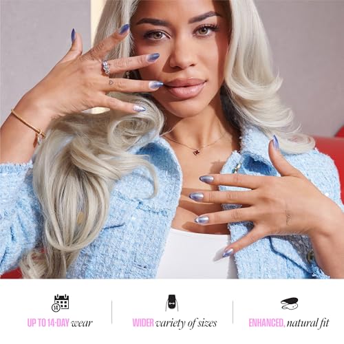 KISS Glam Press On Nails - Glow Forever, Almond Shape, Blue, 32 Nails & Glue Included