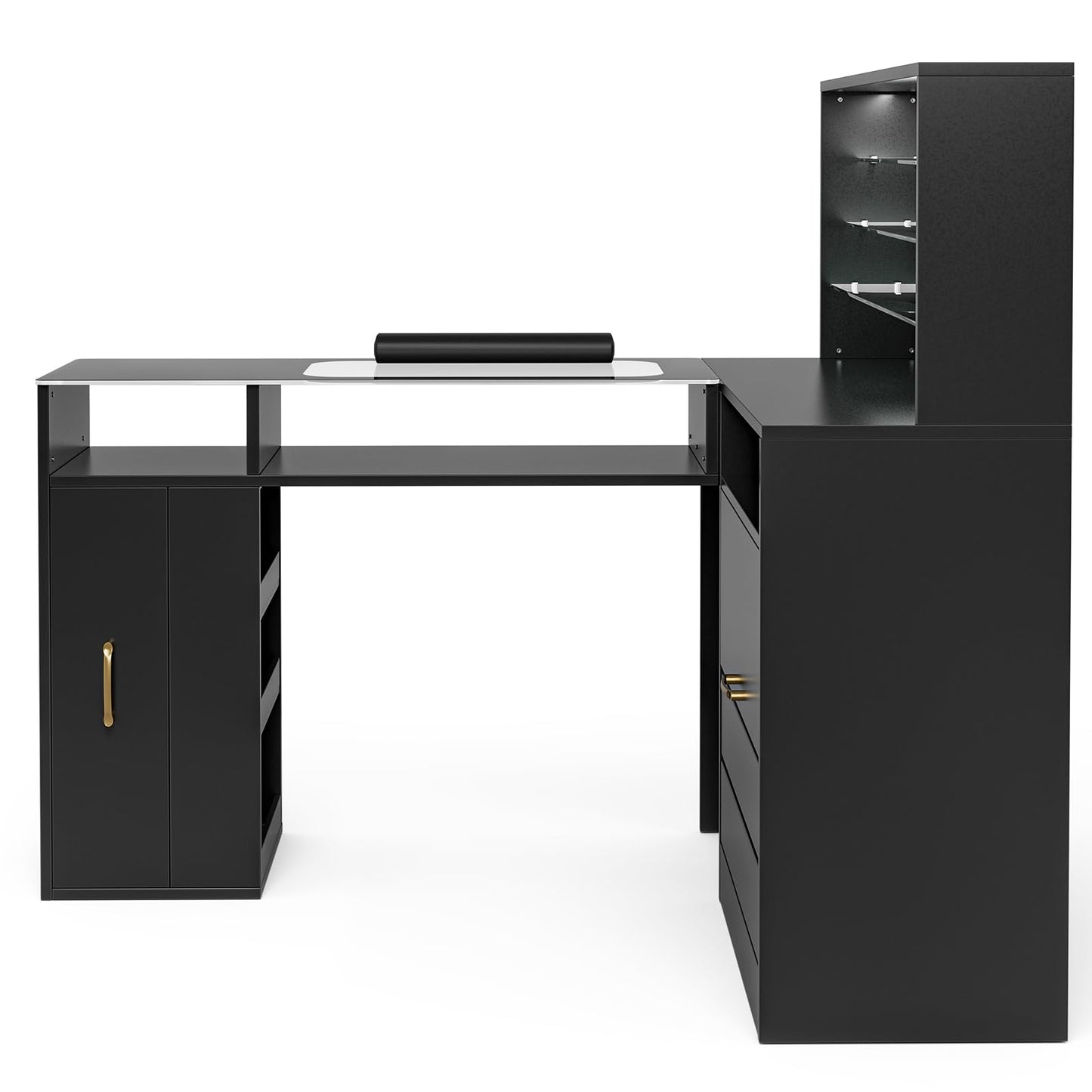 Paddie Manicure Table with LED Light, L-Shaped Glass Top Nail Tech Table w/2 Storage Shelves, Upwards Cabinet Door, Corner Nail Station w/3 Drawers & Wrist Cushion(Black)