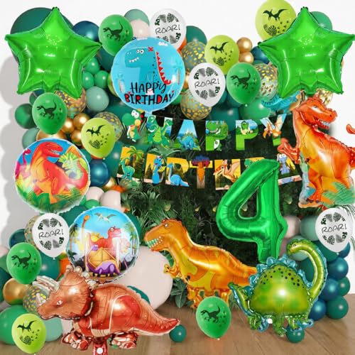 Dinosaur 4th Birthday Party Decorations - Green Foil Balloons & Banner