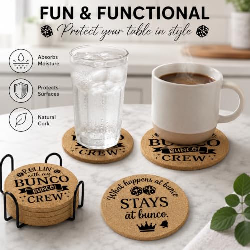 Funny Bunco Coasters Set of 6 with Holder - Cork Drink Coasters