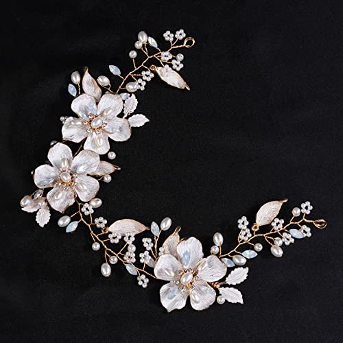 Xerling Gold Opal Crystal Flower Hair Vine for Brides & Girls
