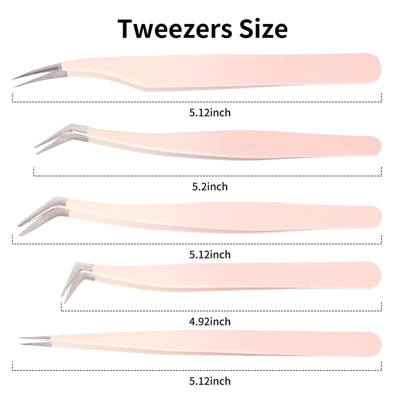 Rnodoilkfly 5 Pcs Lash Extension Tweezers, Lash Tweezers for Eyelash Extension, Straight and Curved Eyelash Tweezers, For Professional Eyelash Extension Artists, Girls, Women, Beginners