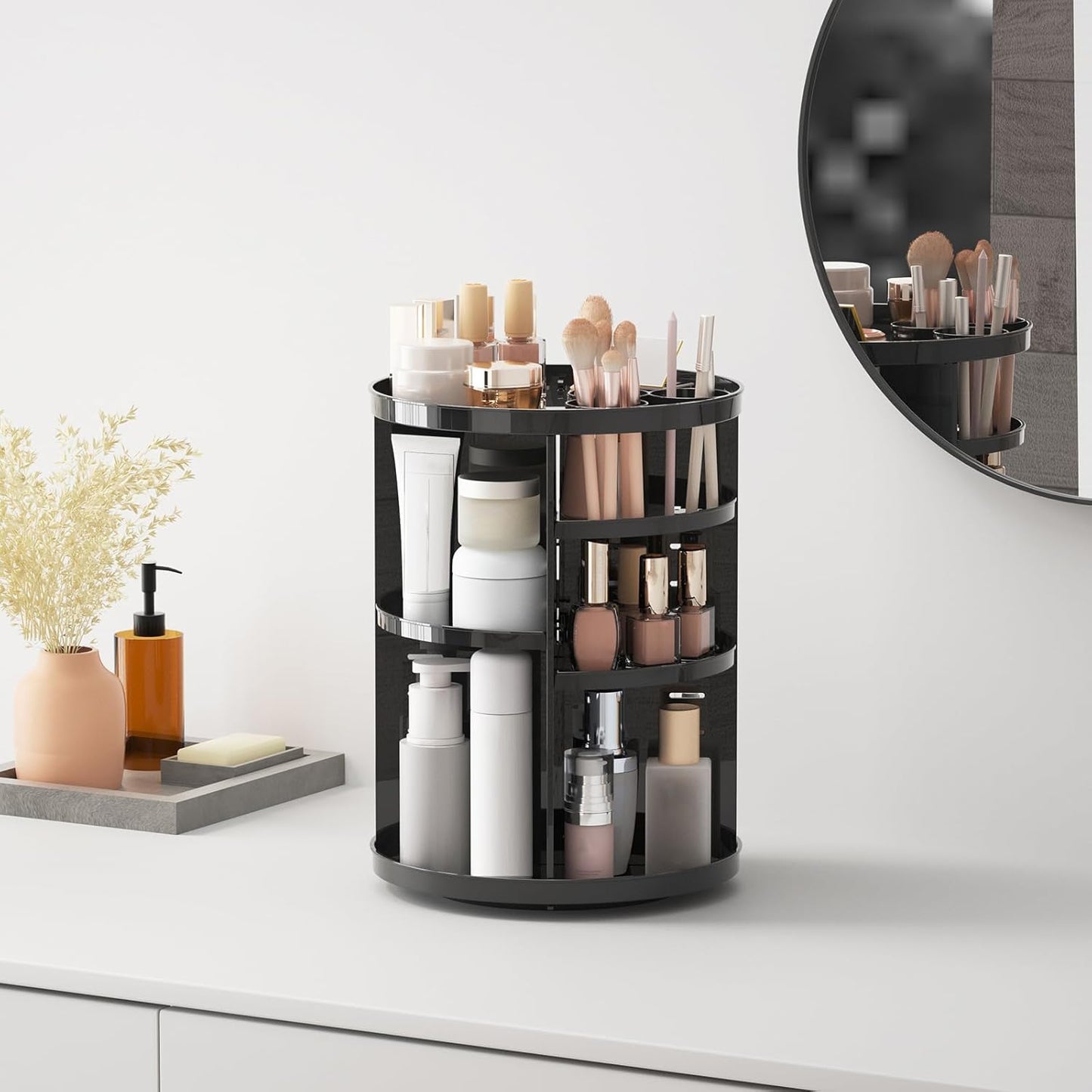 Rotating Makeup Organizer - DIY 8-Layer Spinning Skincare Storage | Multi-Function Vanity Display Case with Brush Holder & Perfume Tray - Black
