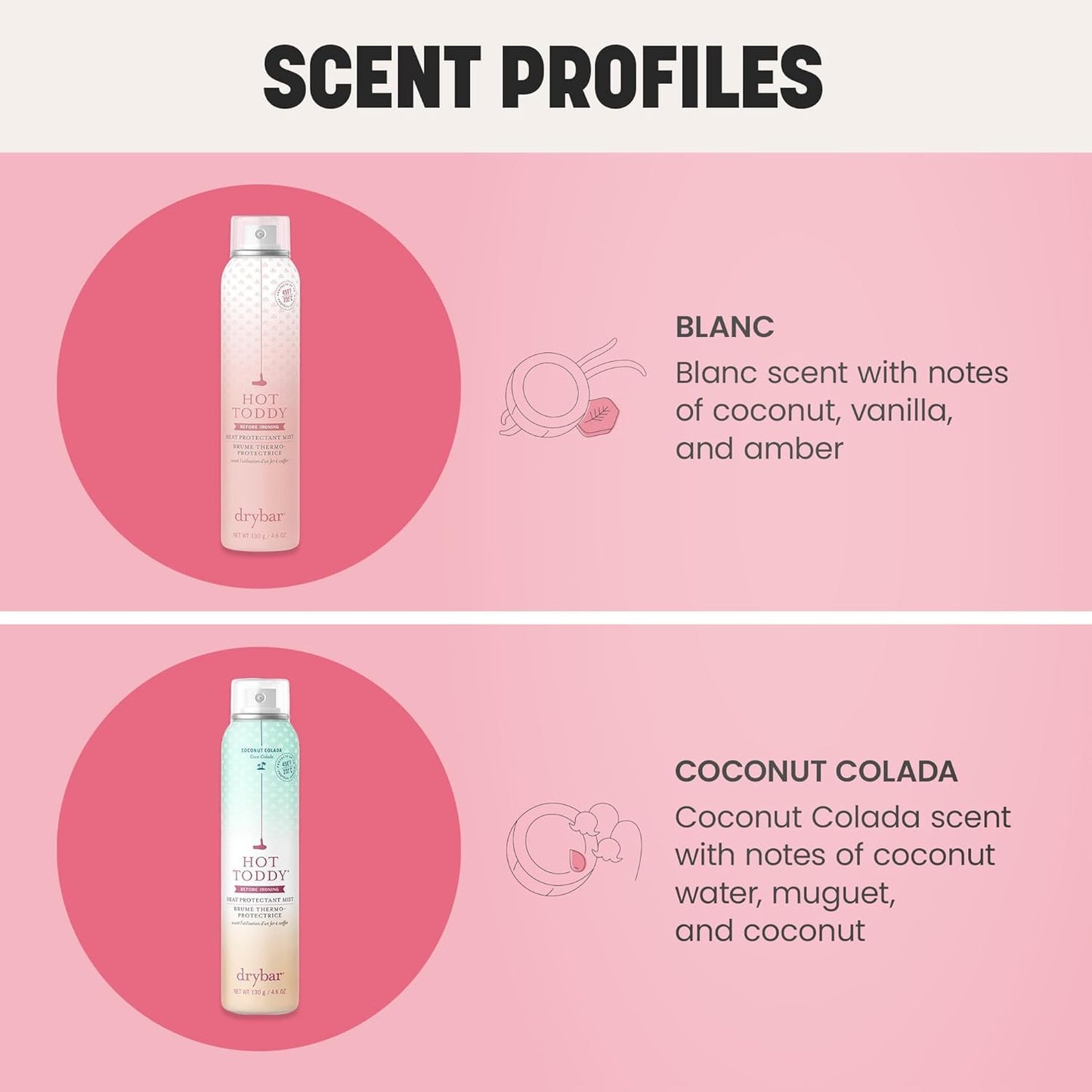 Drybar Hot Toddy Heat Protectant Mist for Hair, Lightweight Formula, Protects from Heated Styling, Straightening and Curling Irons, Coconut Colada Scent, Full Size, 4.6 Oz.