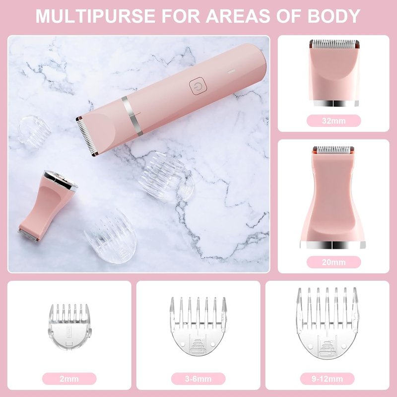 Bikini Trimmer for Women,2 in 1 Personal Elecrtric Razor Shaver Rechargeable with Snap-in Ceramic Blades,Lady Pubic Hair Private Area Legs Arms,Silver Pink