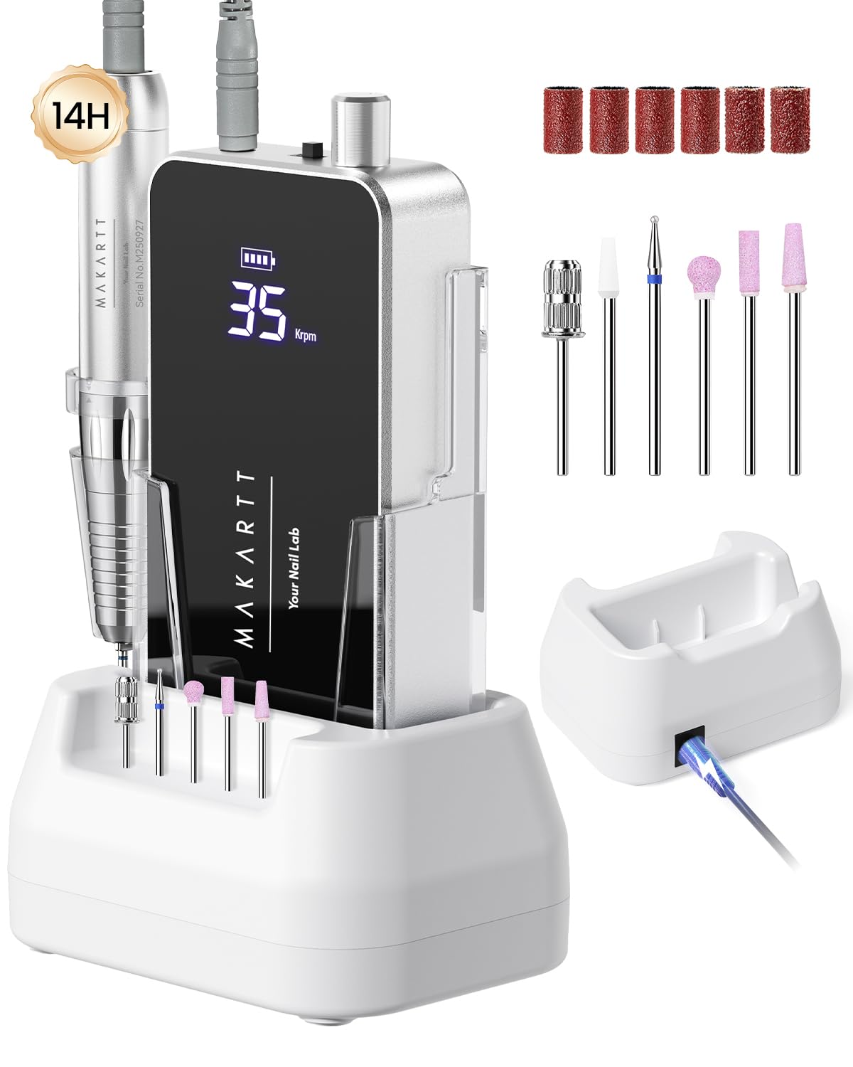 Makartt Nail Drill Professional, 35,000RPM Electric Nail File for Acrylic & Gel Removal, 60W Coreless Motor, 2-in-1 Desktop & Portable, LCD Display, Rechargeable, Quiet, F&R, Nouvella Black