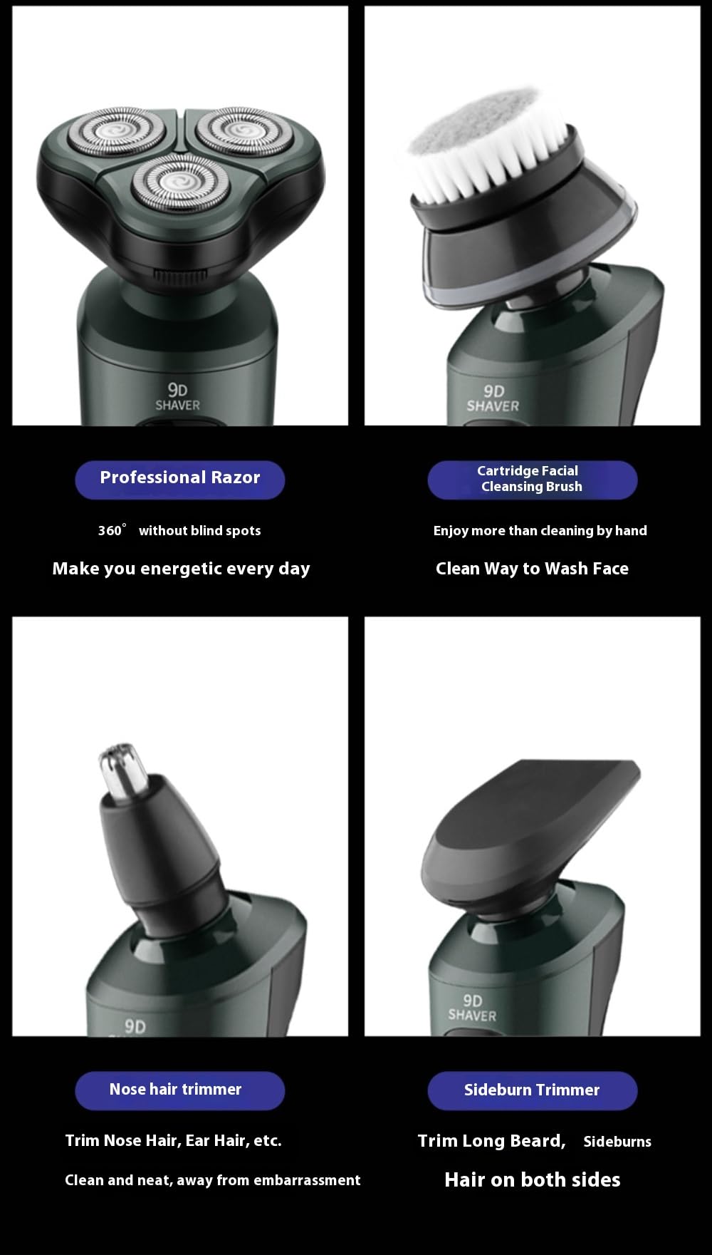 TIBOING 4-in-1 Electric Shaver for Men — Rechargeable, Equipped with Trimmer, Facial Cleansing Brush & Nose Hair Cutter, Full-Body Washable, Rotary 3-Blade System, 90 Minutes of Runtime