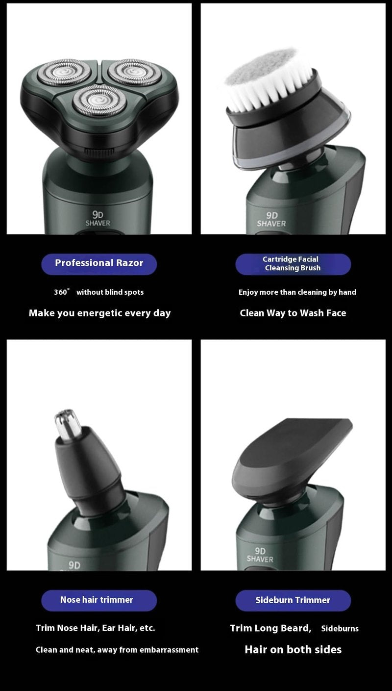TIBOING 4-in-1 Electric Shaver for Men — Rechargeable, Equipped with Trimmer, Facial Cleansing Brush & Nose Hair Cutter, Full-Body Washable, Rotary 3-Blade System, 90 Minutes of Runtime