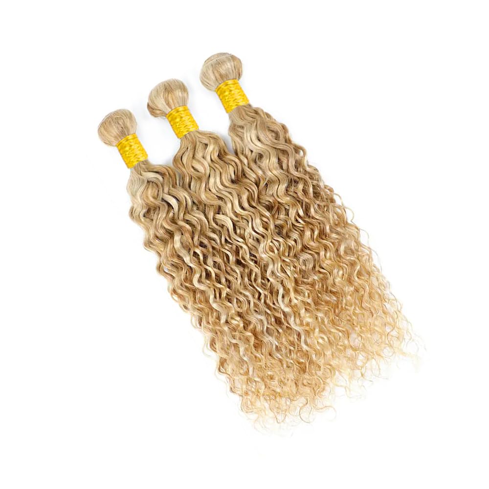 P27/613 Highlight Bundles Human Hair Water Wave Bundles 30 30 30 Inch Honey Blonde Unprocessed Brazilian Virgin Hair 3 Bundle 50 Gram Per Bundle Deals Quick Weave Hair Extensions
