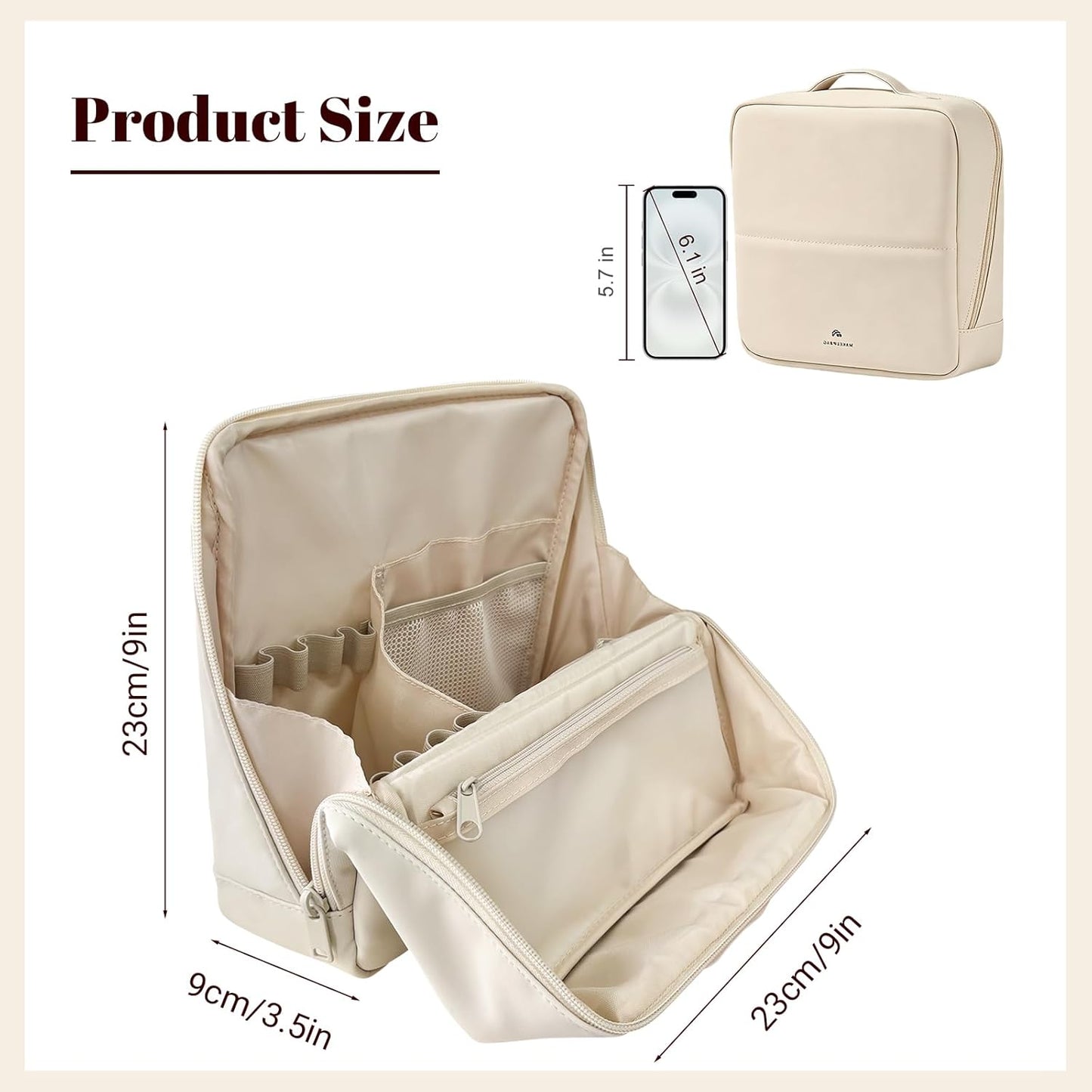 Large Waterproof Makeup Bag for Women - Foldable Cosmetic Organizer with Compartments & Detachable Dividers | Cream White