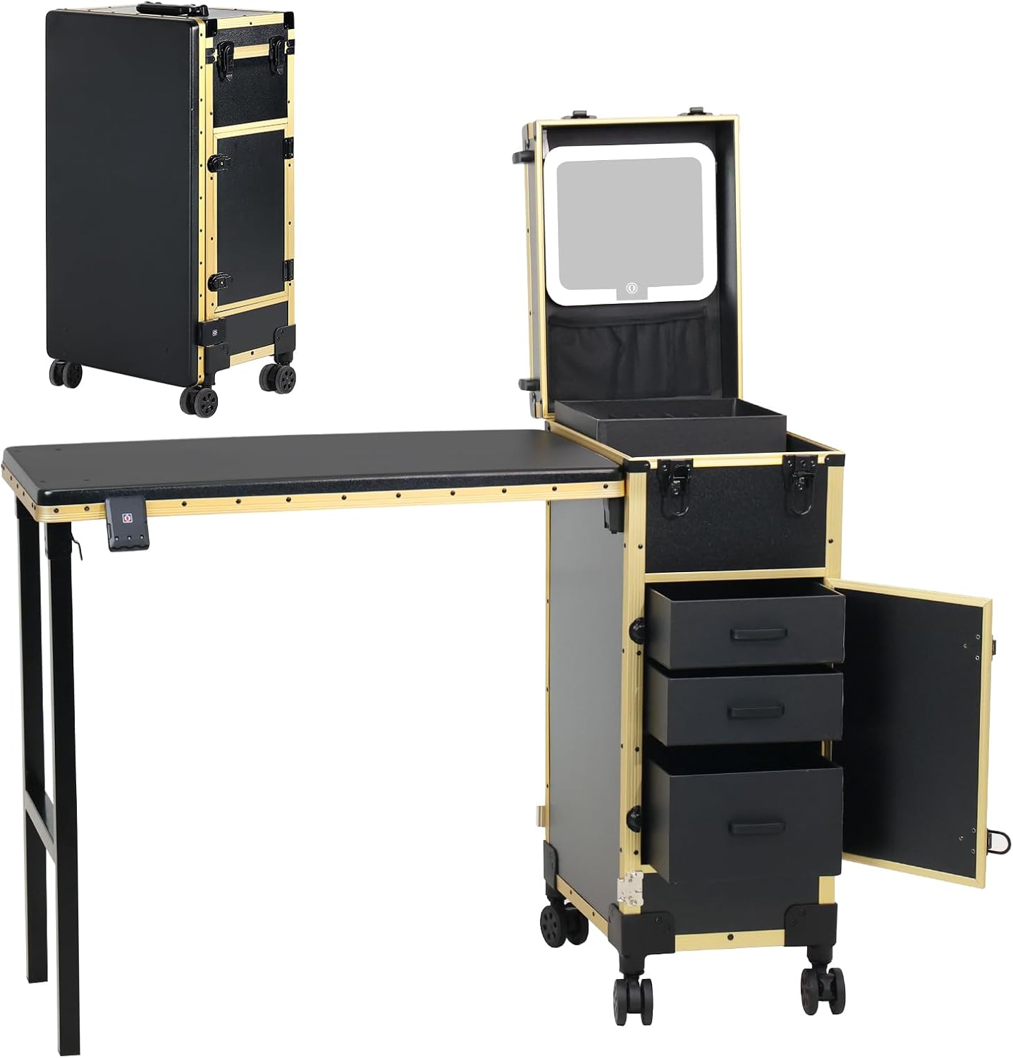 Portable Manicure Table - Rolling Nail Desk with 3 Drawers & Lockable Makeup Case | Pink with Detachable Mirror