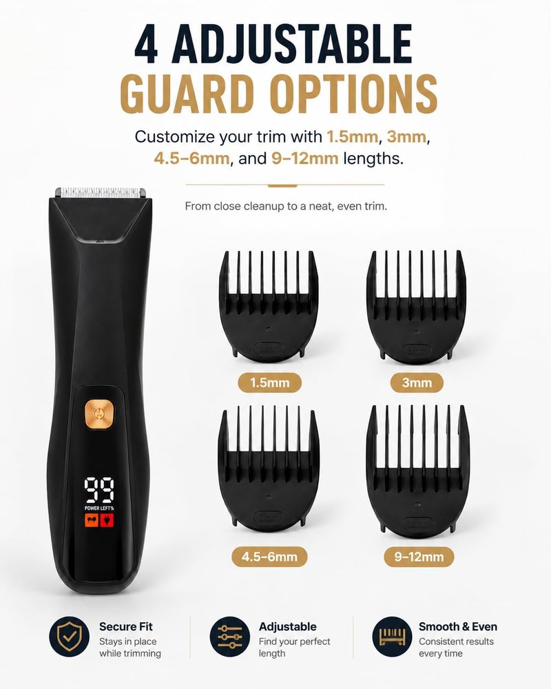QUUQ Trimmer for Men - Body Hair Trimmer for Men -SkinSafe- Manscape - Ball Trimmer Men with Display & Light - IPX 7 Rated Waterproof Groomer kit for Groin Rechargeable with Ceramic Blades with 5 Kit