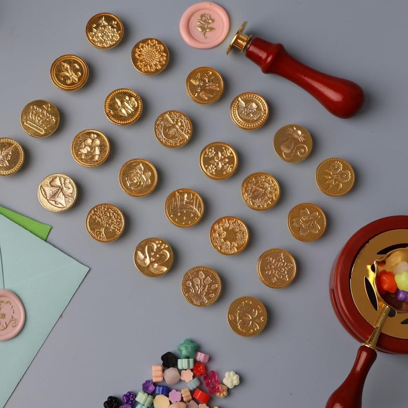 24 Pcs Wax Seal Stamp Kit, Vintage Classic Brass Wax Stamp Seal Head with Wooden Handle for Wedding Party Invitation Greeting Cards Envelopes Gift Wrapping Letter(A, 24)