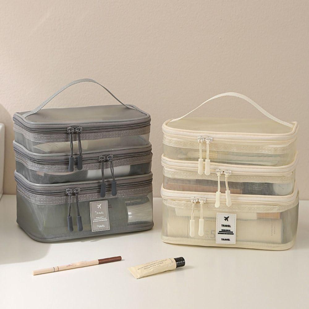 Mesh Cosmetic Bags 1/2/3 Layers Casual Wash Pouch Double-layer Storage Bag Portable Multifunctional(1 Layer Beige)